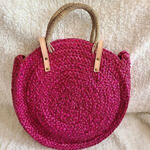 Street Level Bright Pink Straw &‎ Leather Boho Bag